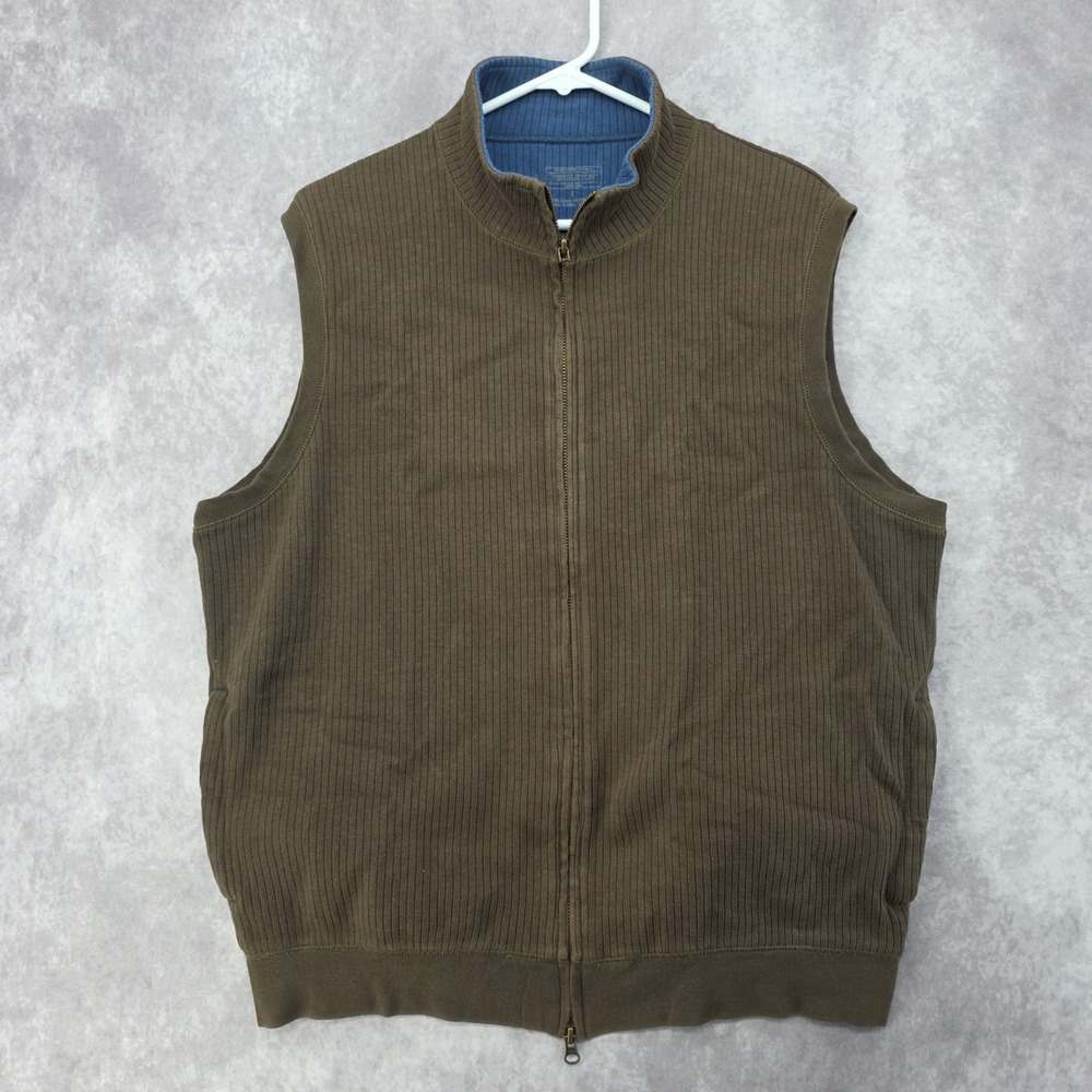 Pendleton Mens Large Brown Ribbed Knit Full Zip Vest Cotton Blend Olive Drab